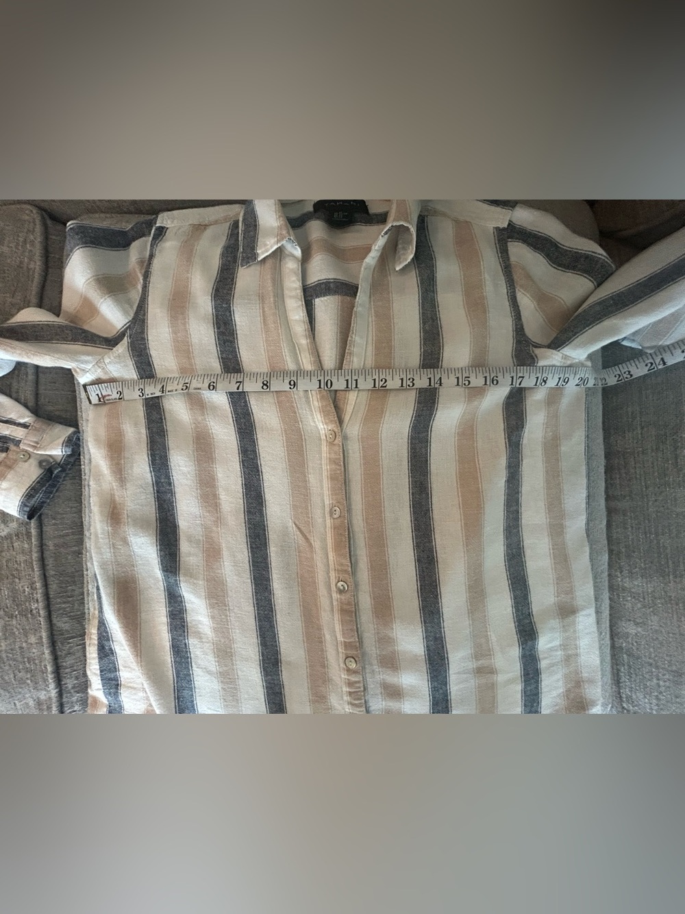 Tahari Linen Beige and Navy Striped Shirt - Picture 7 of 9